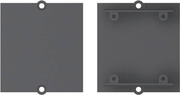 Zwei graue Montageplatte nebeneinander dargestellt: links ist eine einfache flache Platte mit Löchern oben und unten; rechts hat zwei horizontale Halterungen mit vier Befestigungslaschen.