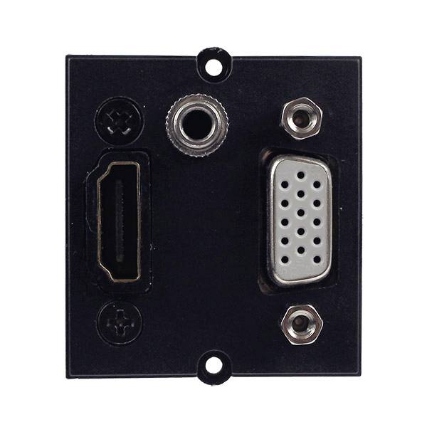 Schwarze Wandplatte mit HDMI-Anschluss, VGA-Anschluss und Audiobuchsen für Video- und Audioeingänge.