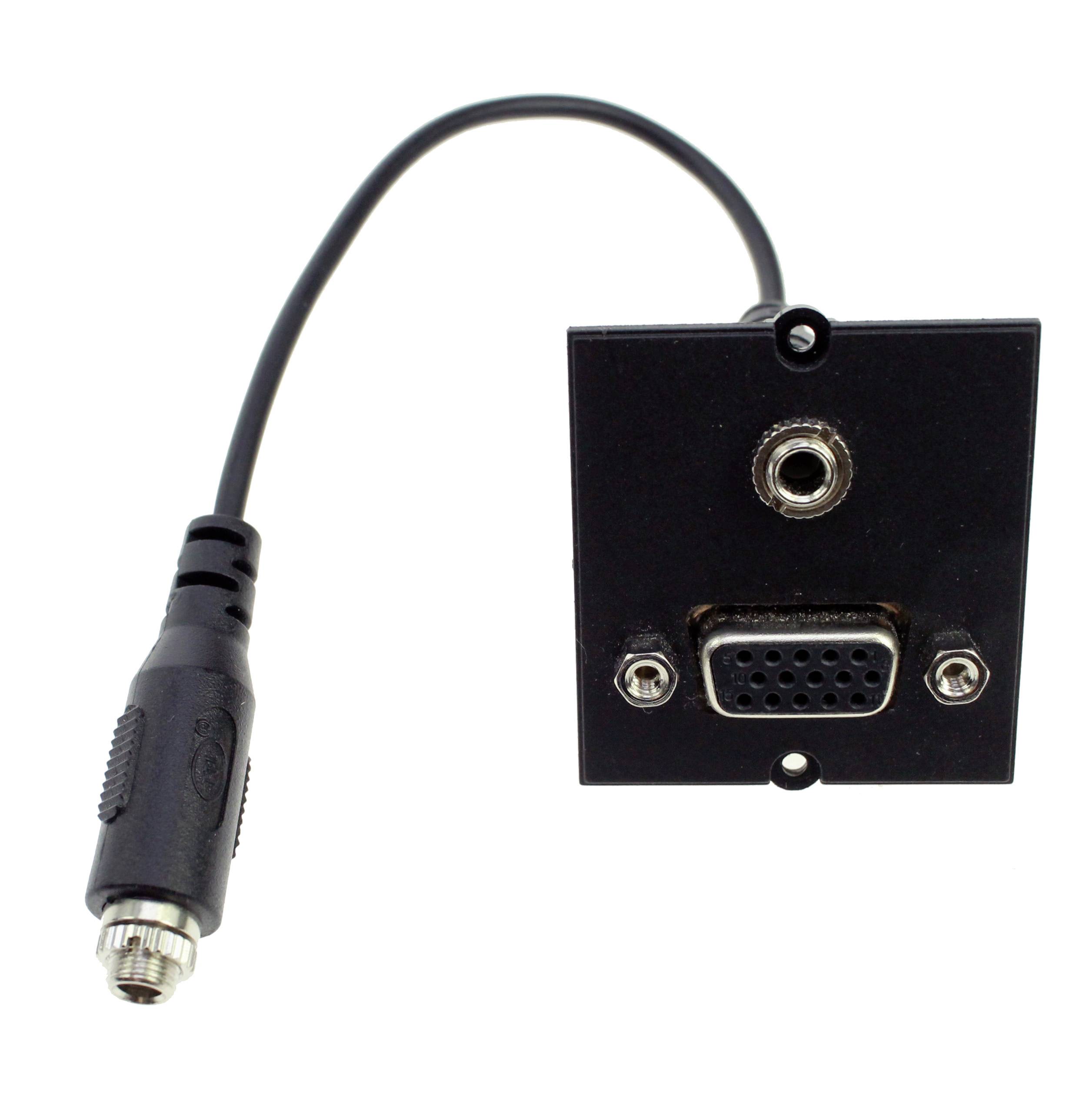 Schwarze Kabeladapterplatte mit VGA-Anschluss, Audiobuchse und aufschraubbarem Koaxialstecker