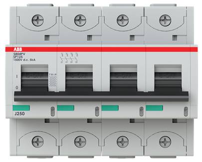 ABB vierpoliger Leitungsschutzschalter mit Bezeichnung 'S804PV', 'SP125', '1500V d.c. 5kA', mit vier angeschlossenen Schaltern und einem zentralen Auslösehebel.