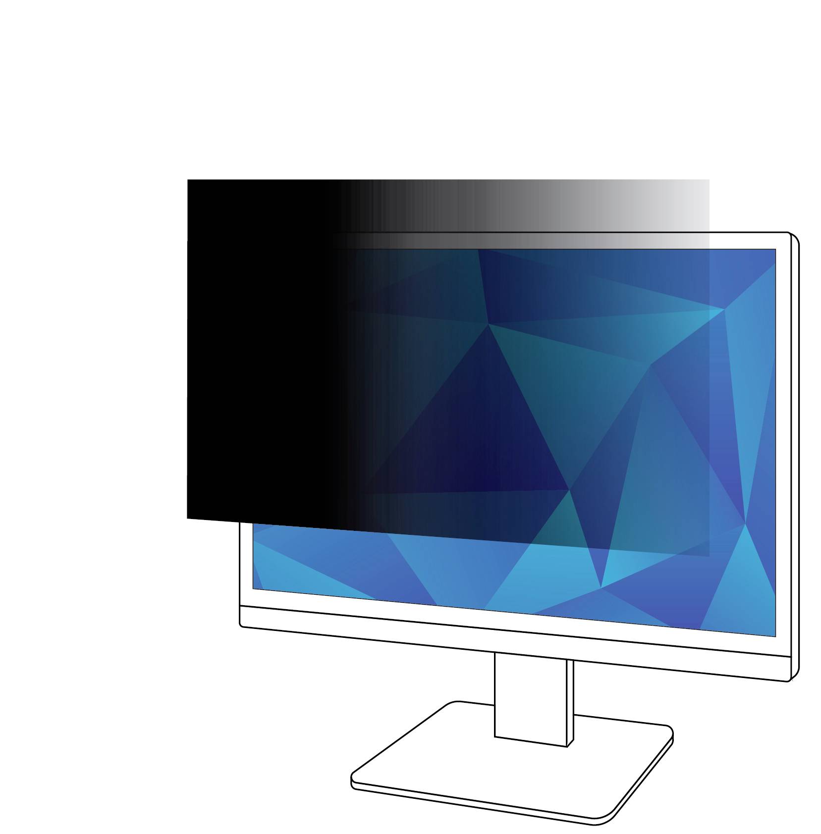 Desktop-Monitor mit lerem schwarzem Bildschirm über einer blauen geometrischen Anzeige, dargestellt auf weißem Hintergrund.