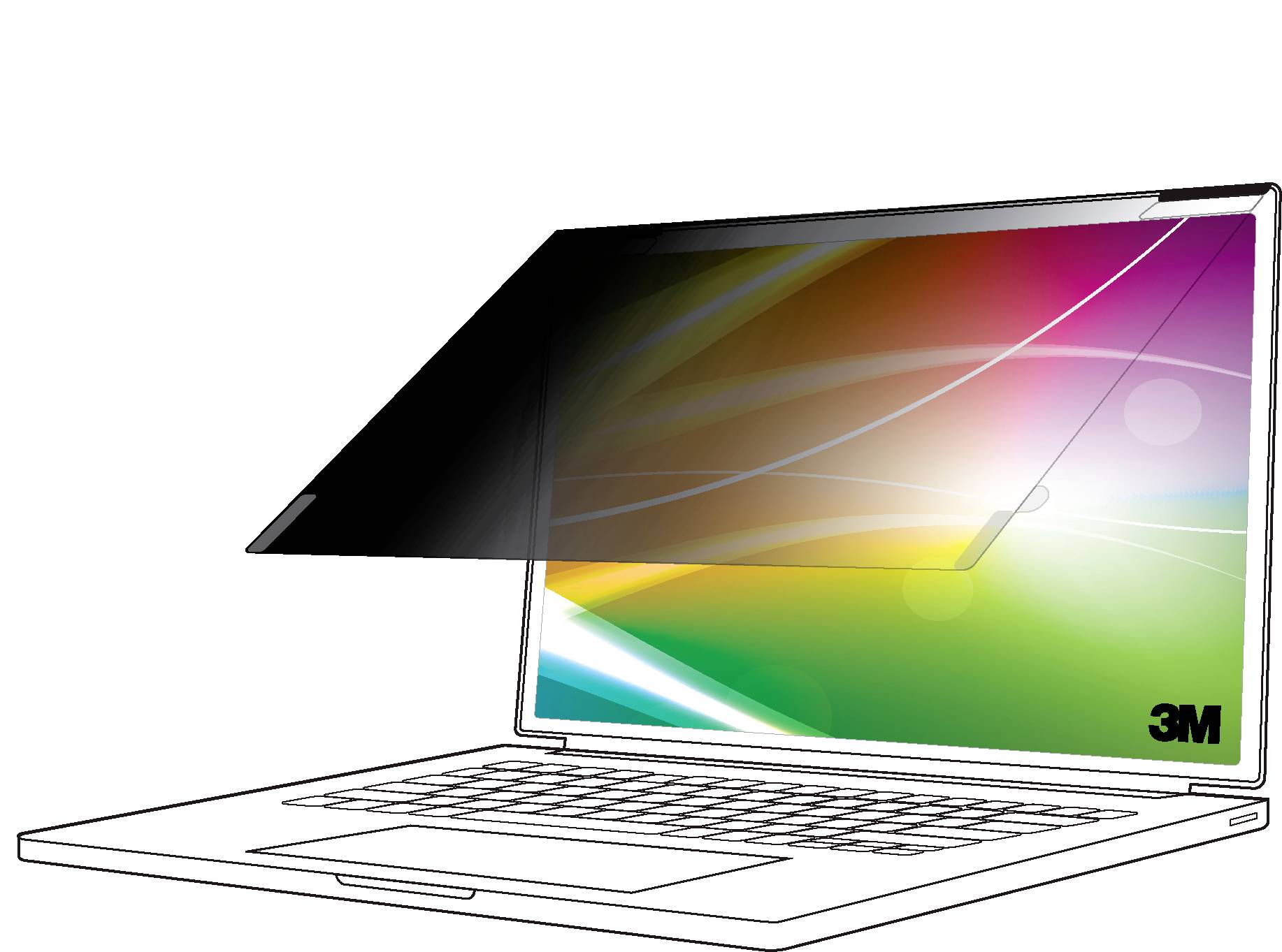 Ein Laptop mit einem getönten Datenschutzfilter auf dem Bildschirm, der eine verminderte Sichtbarkeit von der Seite zeigt; 3M-Logo ist in der unteren rechten Ecke sichtbar.