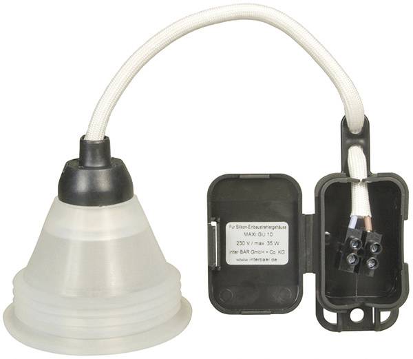 Silikon-Lampenfassung mit weißem flexiblem Kabel und schwarzer wandmontierbarer Basis, offen gezeigt, wobei die Verdrahtungsverbindungen sichtbar sind.