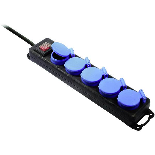 Schwarze Steckerleiste mit rotem Ein-/Ausschalter und sechs blauen Steckdosen mit Kappen, auf weißem Hintergrund gezeigt.