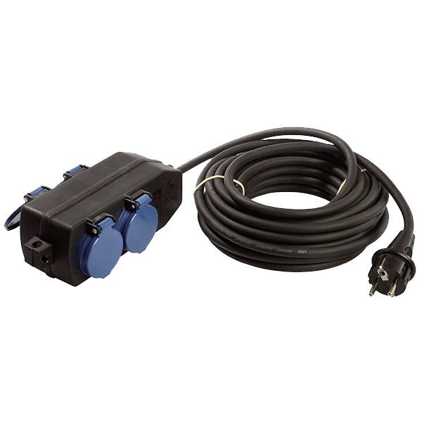 Tragbarer elektrischer Stromverteiler mit vier blau abgedeckten Steckdosen, angebracht an einem langen aufgerollten schwarzen Verlängerungskabel und Stecker.