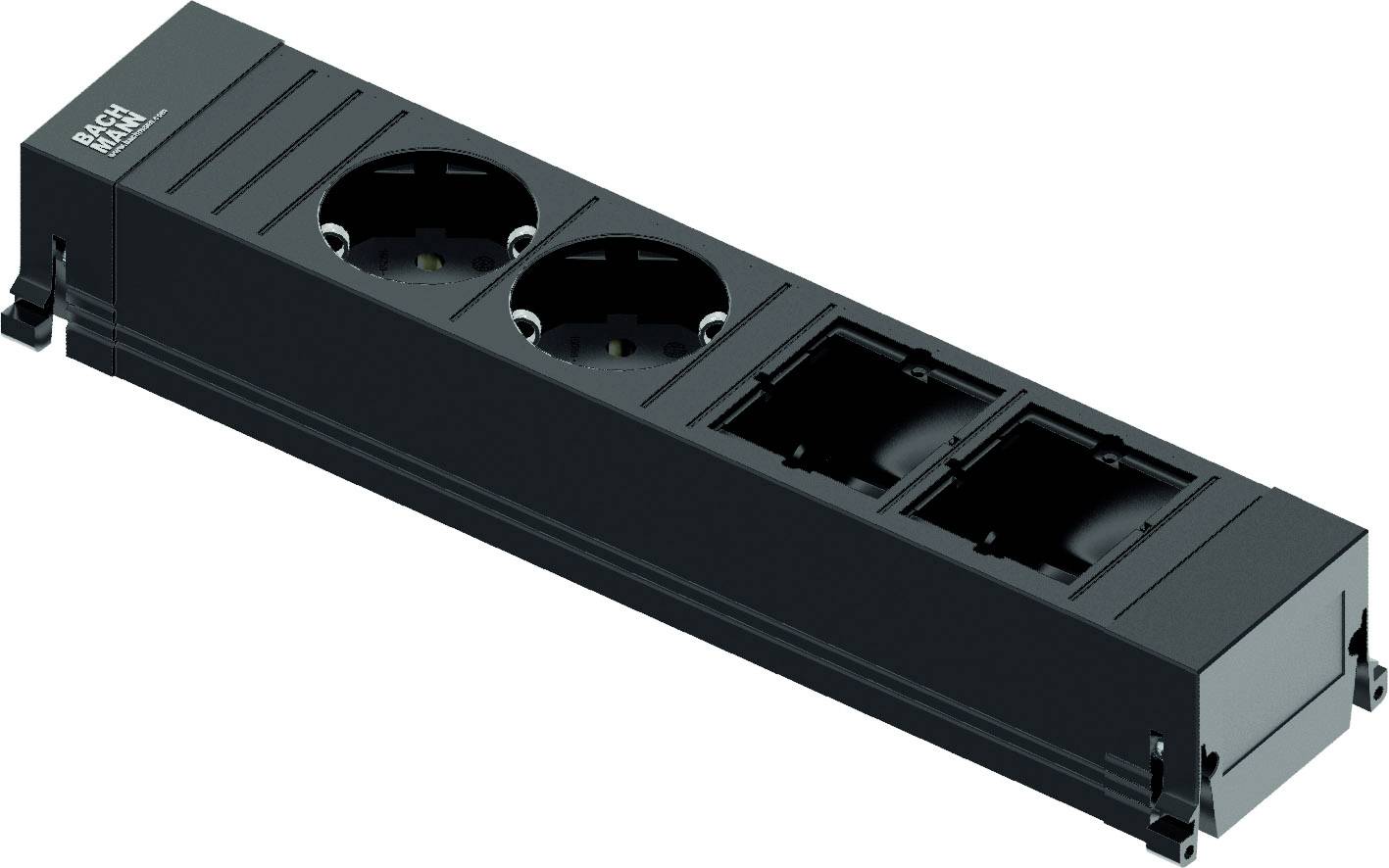 Schwarze rechteckige Steckerleiste mit zwei runden Steckdosen und zwei USB-Anschlüssen, dargestellt in angewinkelter Produktansicht auf weißem Hintergrund.