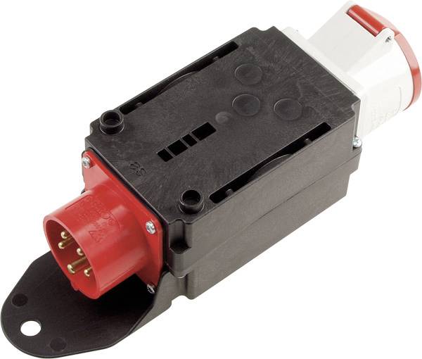 Industrieller Stecker mit roten Stiften in schwarzem und rotem Gehäuse, auf weißem Hintergrund dargestellt.
