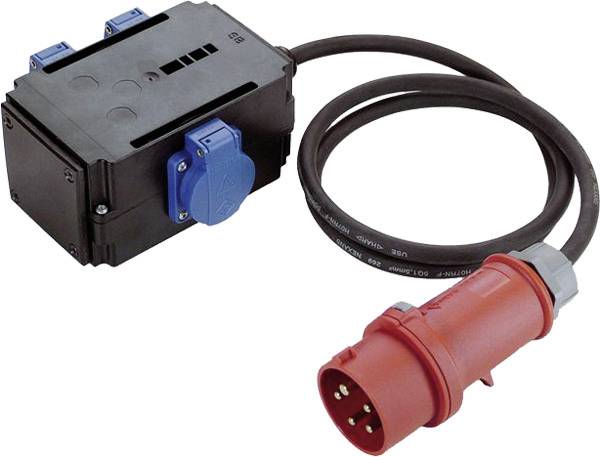 Industrie-Stromadapter mit schwarzem Verteilungskasten, blauem Steckerdeckel und rotem Stecker, verbunden durch ein dickes Kabel.