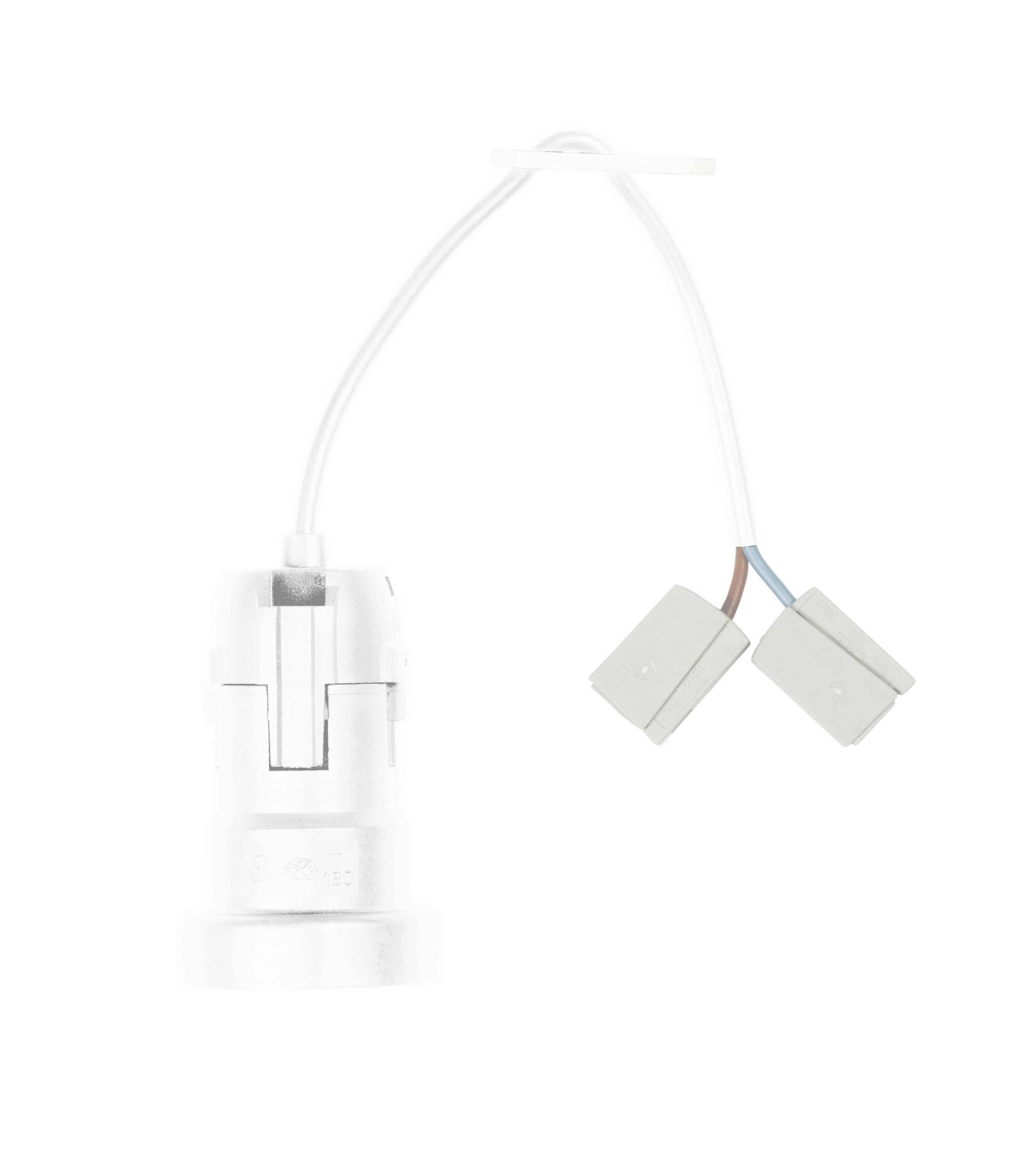 Weißes zweipoliges Elektrosteckerkabel mit Stecker auf einer Seite und zwei Buchsenklemmen auf der anderen Seite.