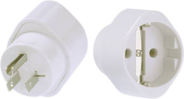 Weißer Elektrostecker-Adapter mit dreipoliger Stecker-Buchse auf der einen Seite und zweipoliger Stecker-Buchse auf der anderen Seite