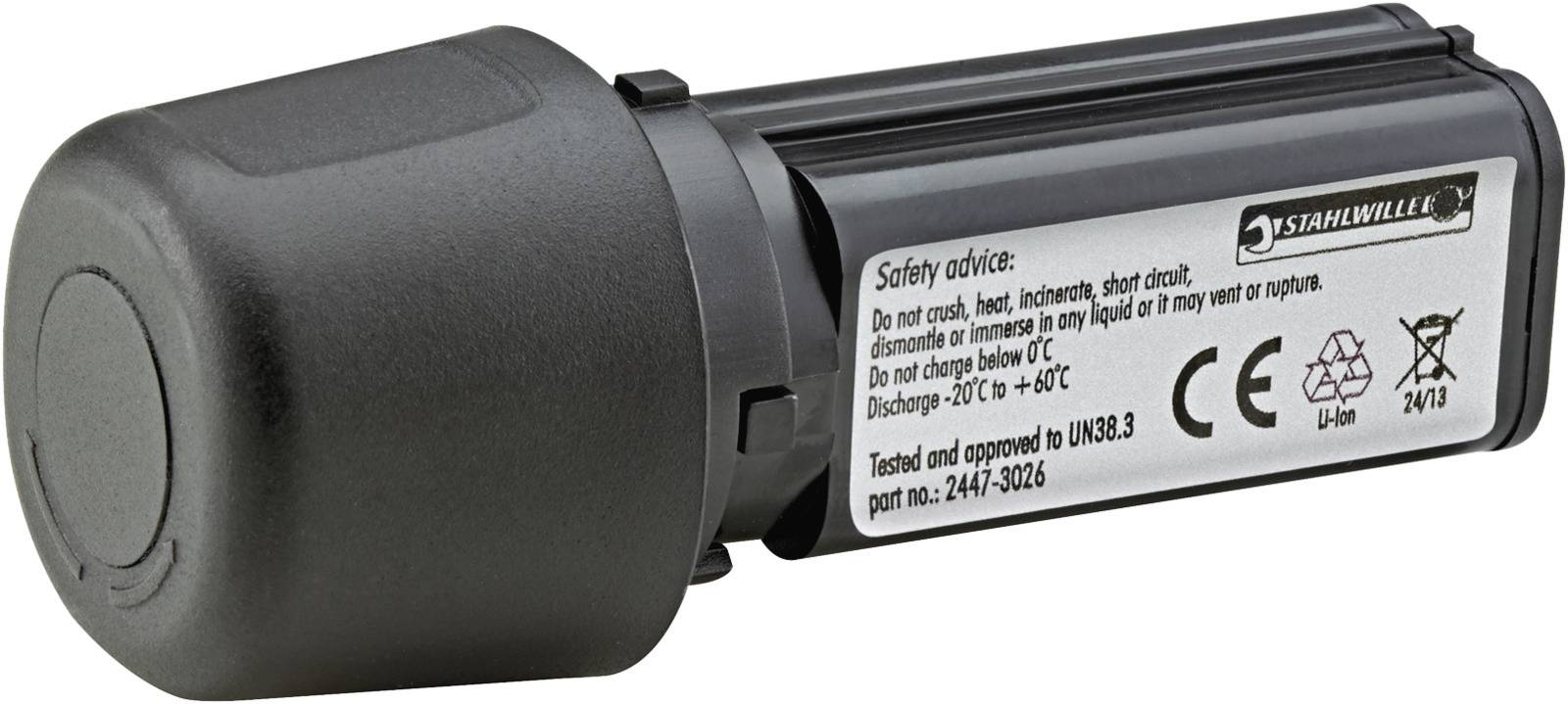 Schwarzes zylindrisches wiederaufladbares Batteriepack mit Sicherheitsetikett und Markenname Stahlwille auf weißem Hintergrund