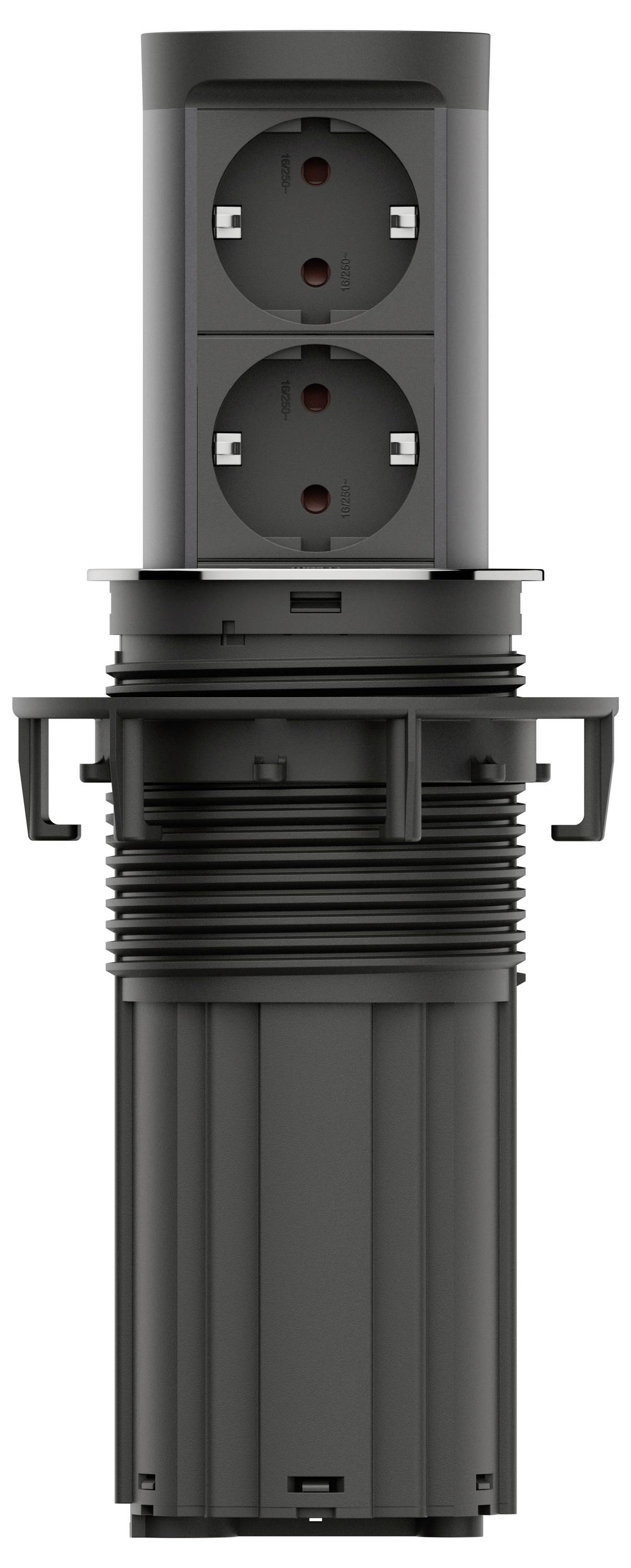 Schwarze Steckdoseneinheit für den Einbau im Boden mit zwei europäischen Steckdosen und zylindrischem einziehbarem Gehäuse.