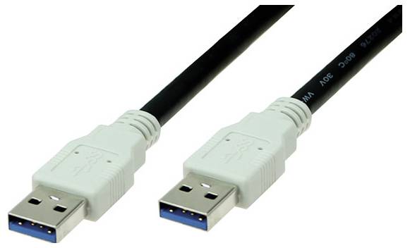 Zwei USB 3.0 Typ-A Stecker auf einem schwarzen Kabel, dargestellt vor weißem Hintergrund.