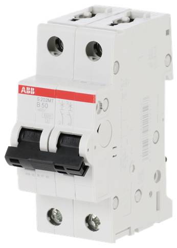 Weißer ABB S202M B50 Doppelpolschalter mit zwei schwarzen Schaltern und rotem Etikett, isoliert auf weißem Hintergrund dargestellt.