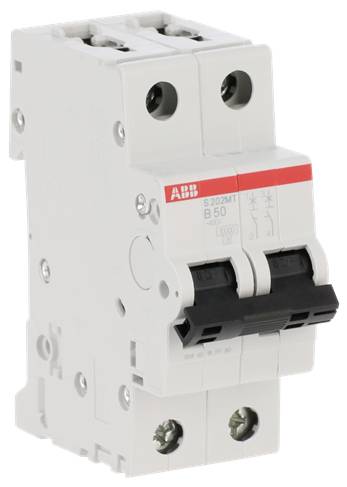 Weißer ABB S202MT B50 Doppelpolschalter mit schwarzen Umschaltern auf neutralem Hintergrund.