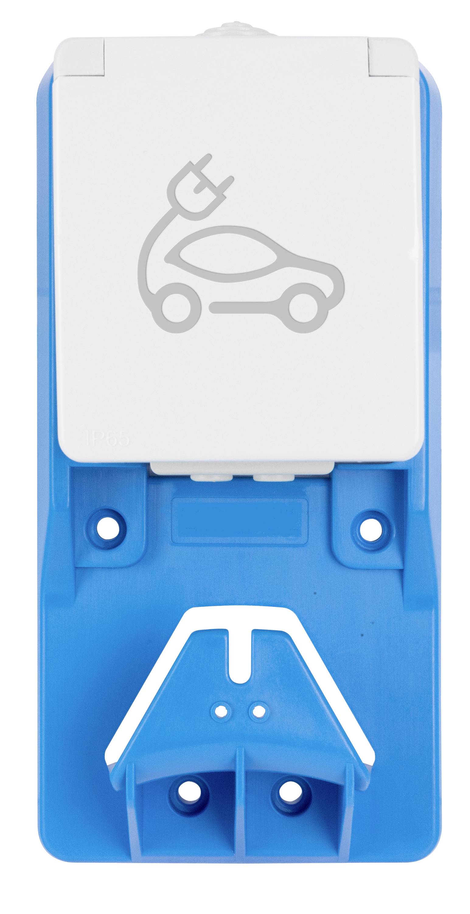 Blaue wandmontierte Ladevorrichtung für Elektrofahrzeuge mit weißem Abdeckpanel, das ein Stecker- und Autosymbol zeigt