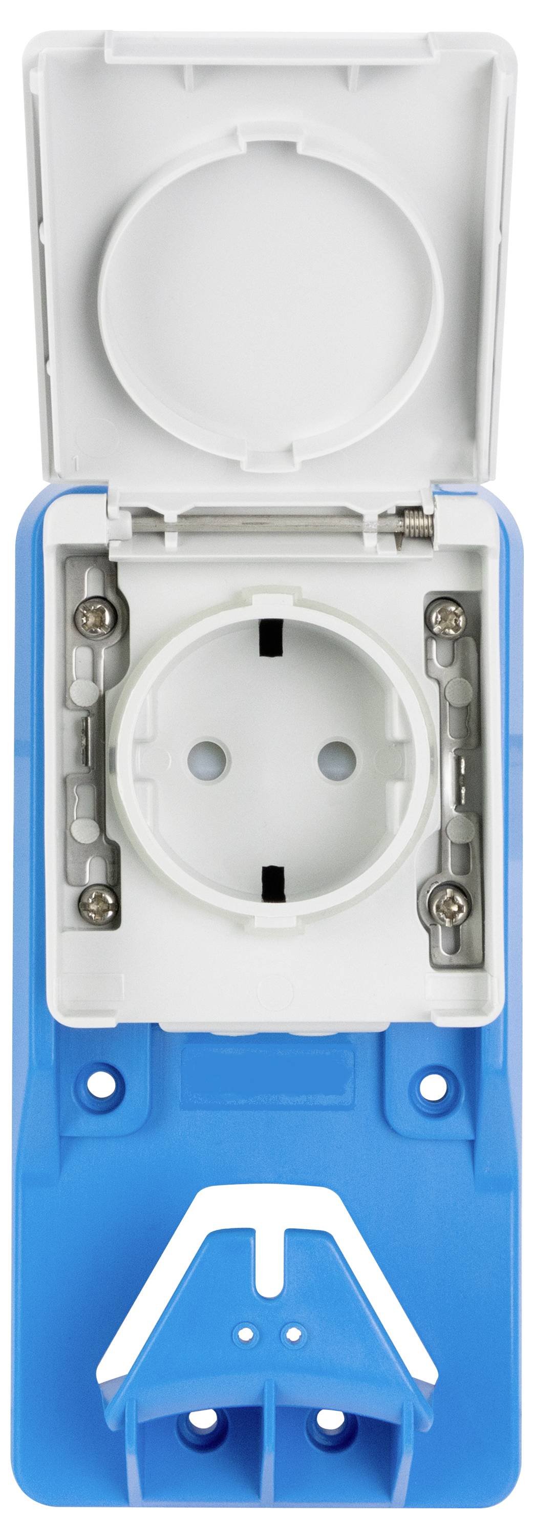 Blau-weiße elektrische Wandsteckdose mit Schutzkappe, dargestellt in geöffneter und frontal ausgerichteter Position.