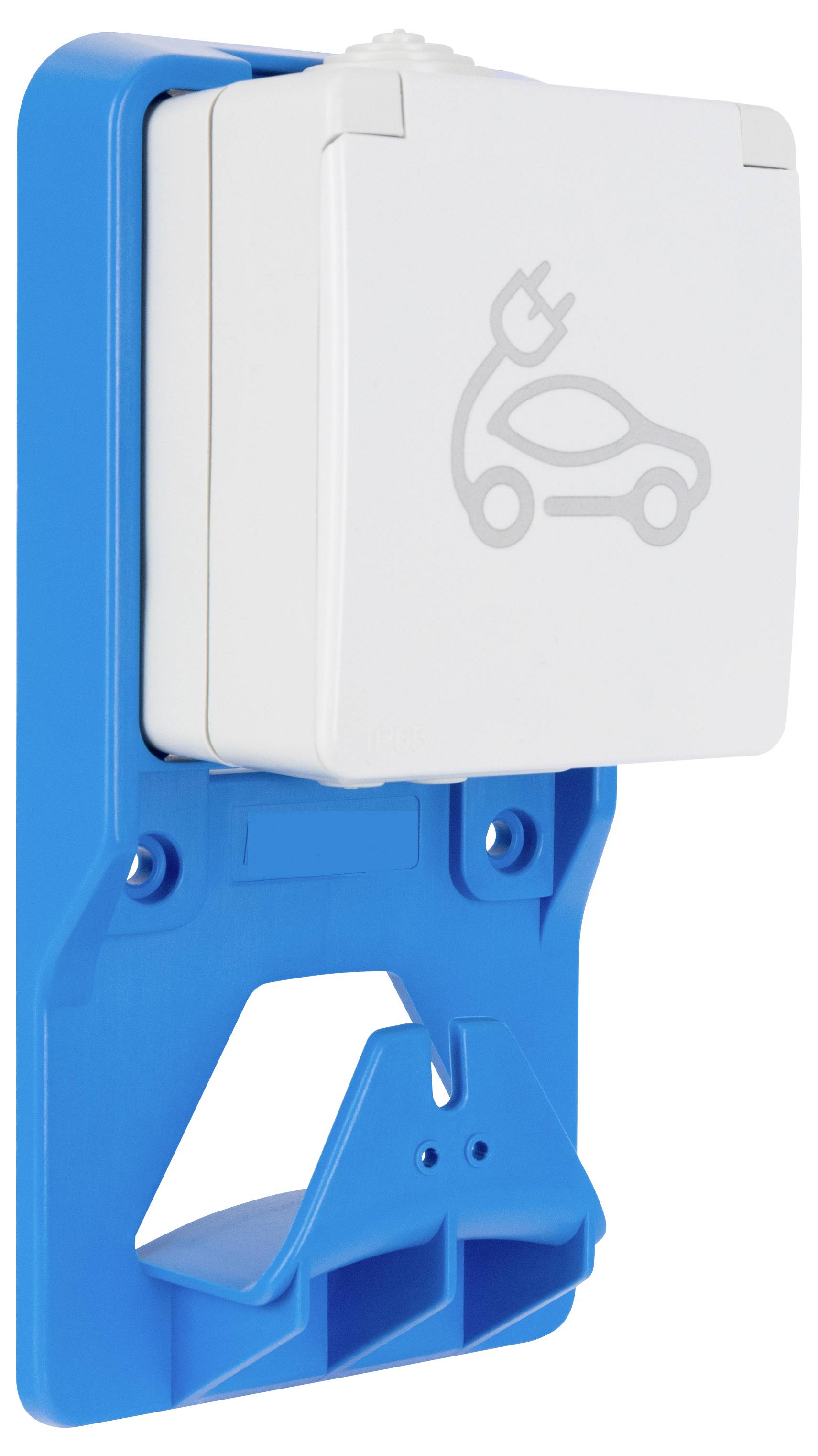Blaue Ladestation für Elektrofahrzeuge mit weißer Abdeckung, auf der ein Stecker- und Autosymbol zu sehen ist