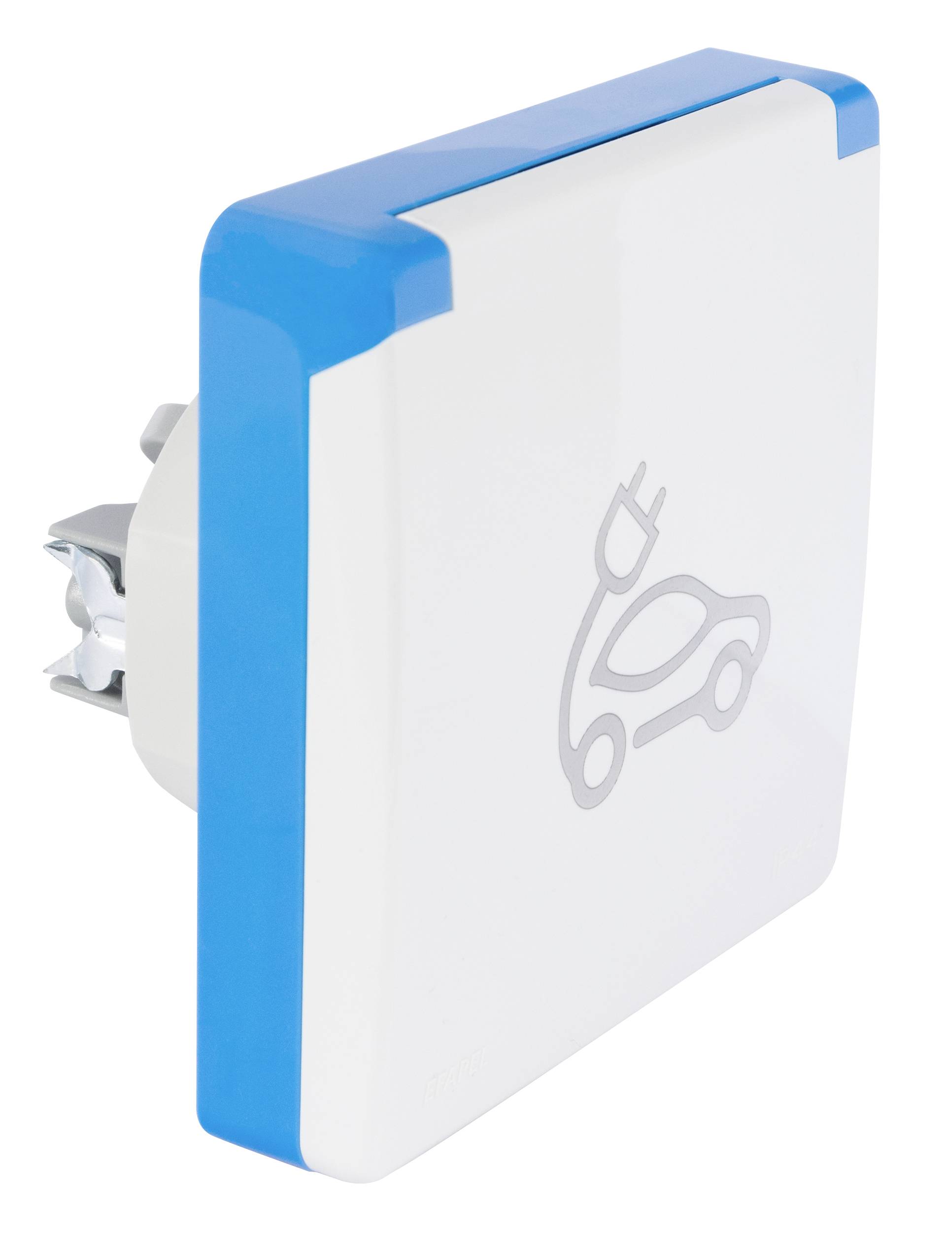 Weiße wandmontierte Ladeanlage für Elektrofahrzeuge mit blauem Rand und EV-Stecker-Symbol, dargestellt in einer produktstilisierten Nahaufnahme auf weißem Hintergrund.