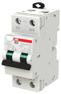 Weißer ABB Zweipolschalter mit schwarzen Kippschaltern und Stromstärkekennzeichnungen auf neutralem Hintergrund.
