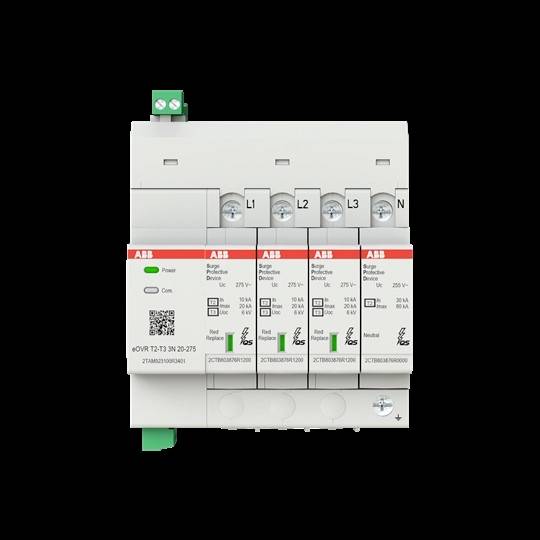 ABB-Überspannungsschutzmodul für elektrische Verteilung, gekennzeichnet mit L1, L2, L3 und N, mit Stromversorgungs- und Statusindikatoren.