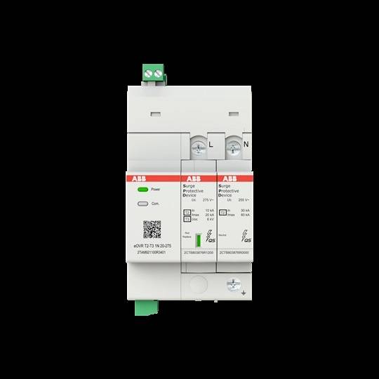 ABB-Überspannungsschutzgerät mit Statusanzeigen, Anschlussklemmen L und N sowie QR-Code auf einem weißen Elektromodul.