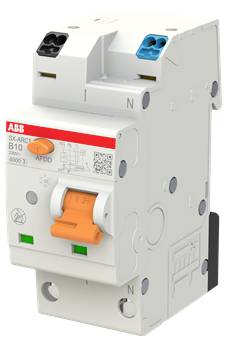 ABB-Miniatur-Leistungsschalter mit orangefarbenem Schalter und Testschaltflächen, dargestellt in einem weißen Gehäuse vor einem einfachen Hintergrund.