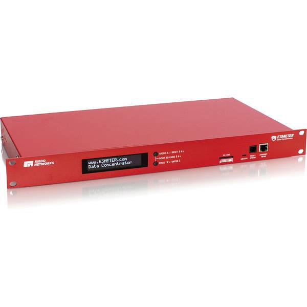 Red Networks EMEETER Datenkonzentrator Rackmount-Gerät, rotes Metallgehäuse mit Frontdisplay, Statusleuchten, Anschlüssen und Netzschalter.