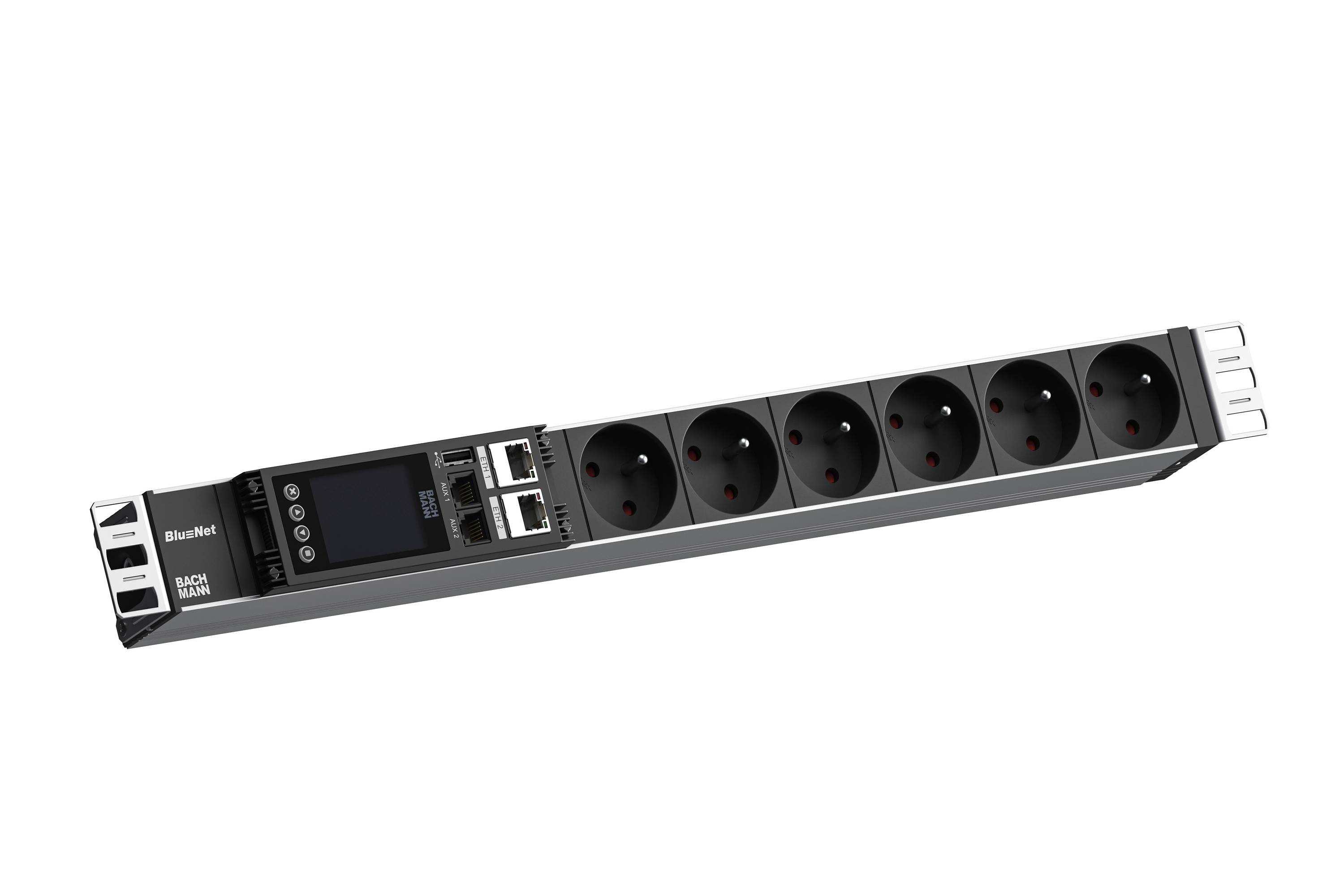 Rack-montierte BlueNet-Stromverteilungseinheit mit Display, Netzwerkports und mehreren europäischen Steckdosen
