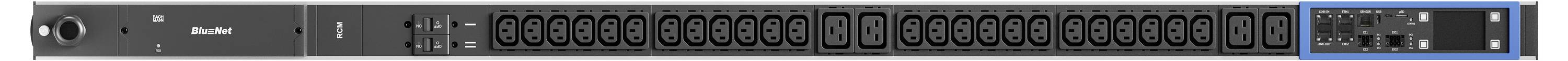 Frontplatte von Rack-montierten Audiogeräten mit mehreren kleinen digitalen Displays, Reihen von Schaltflächen und einem hervorgehobenen Steuerbereich auf der rechten Seite.
