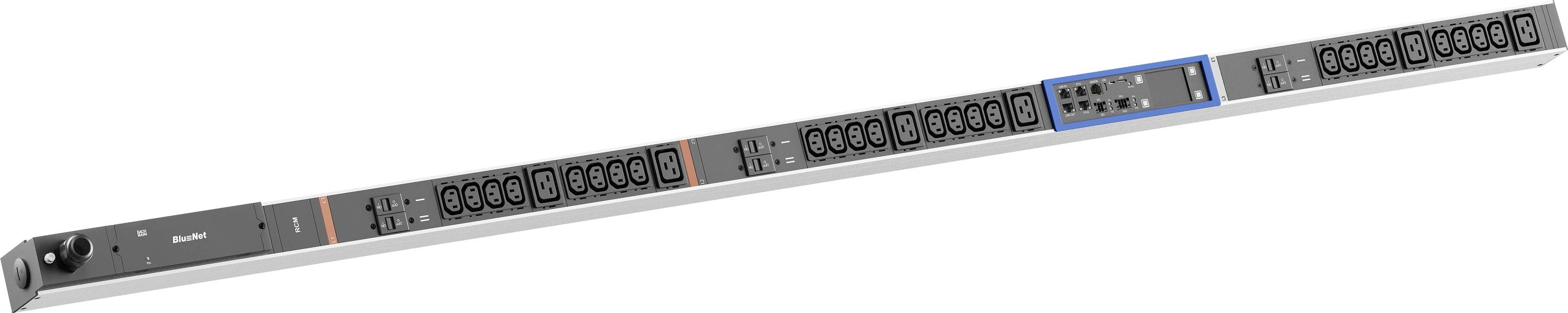 Rack-einbauarer Netzwerk-Switch mit Frontplatte, die mehrere Ethernet-Anschlüsse und Status-LEDs zeigt, mit einem hervorgehobenen Anschlussbereich in der Nähe des rechten Endes.
