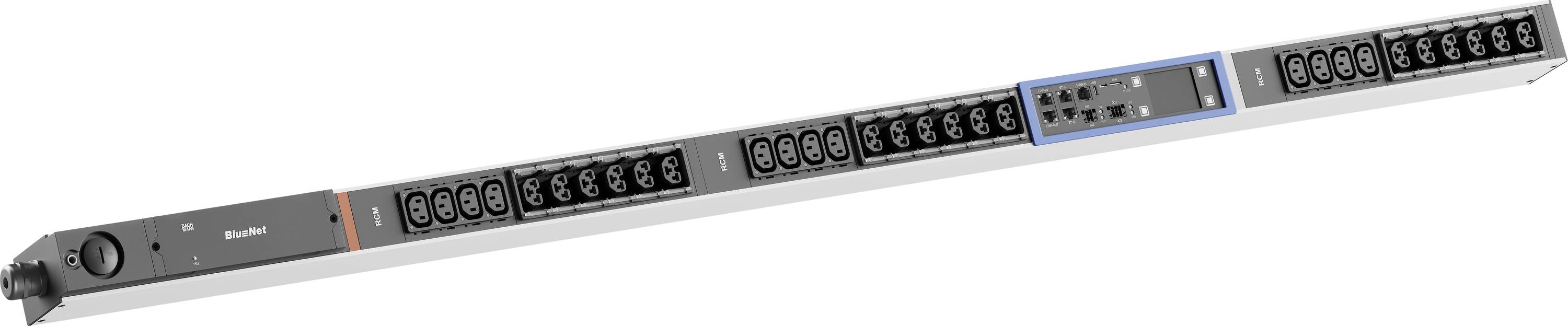 Rackmount-Netzwerk-Switch auf weißem Hintergrund, angewinkelt, um Vorderseitenanschlüsse, Statusleuchten und einen blau hervorgehobenen Ethernet-Bereich zu zeigen.