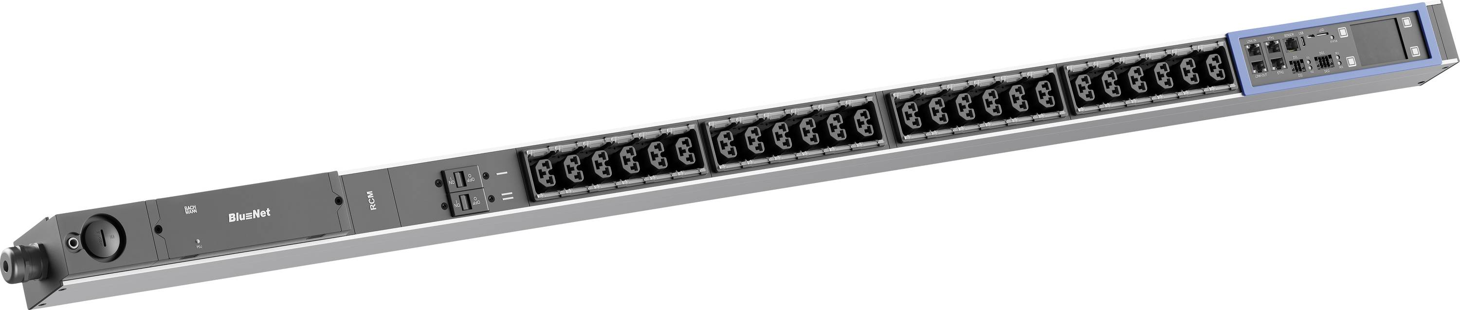 Ein Rack-Stromanschlussverteilgerät mit mehreren IEC-Steckdosen und einem integrierten Display-/Bedienfeld auf der rechten Seite.
