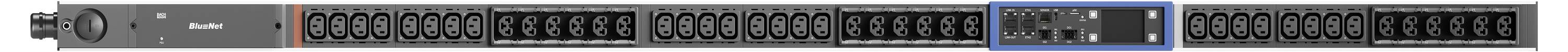 Auf Schiene montiertes Elektronik-Frontpanel mit mehreren Anschlüssen, Status-LEDs und einem kleinen blau umrandeten Anzeigebereich auf der rechten Seite.