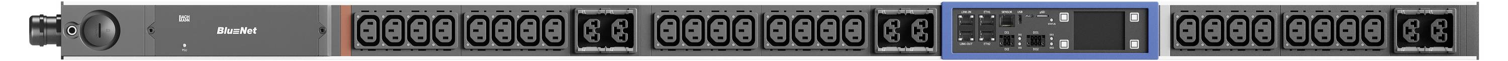 Vorderansicht einer rackmontiertes Stromverteilungsgerät mit mehreren Steckdosen, einem LCD-Display und blau hervorgehobenem Status-/Steuerabschnitt.