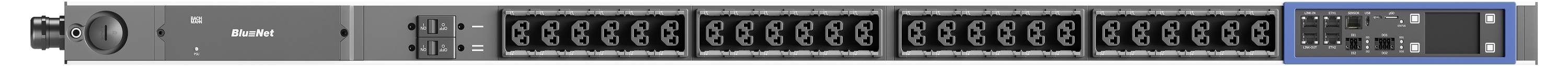 Vorderansicht eines BlueCoat-Rack-Netzwerkgeräts mit Stromschalter, Statusanzeigen, Anschlüssen und dualen vorderen Display-/Anzeigetafeln.