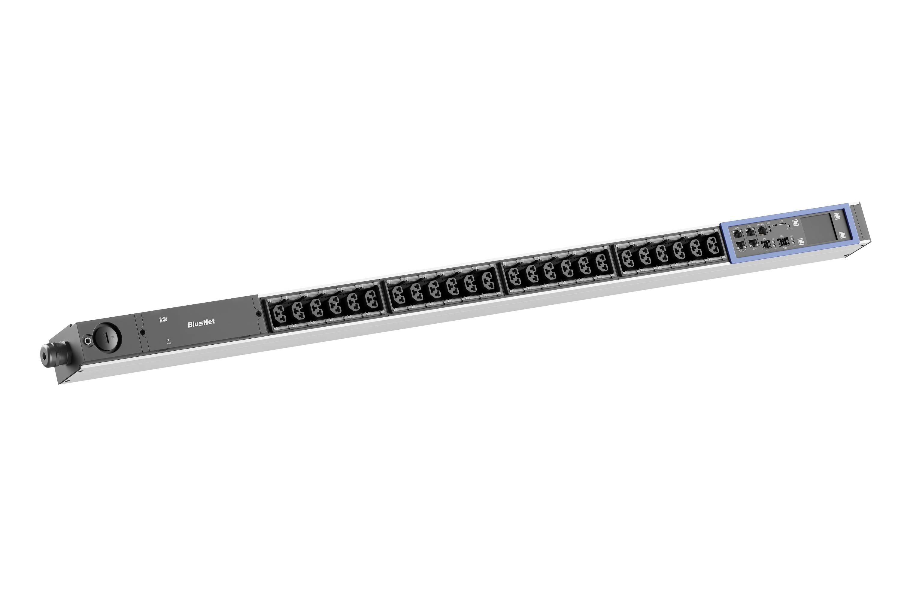 Rack-Mounted Stromverteilungseinheit mit mehreren Steckdosen und einem blauen Netzschalter am rechten Ende.