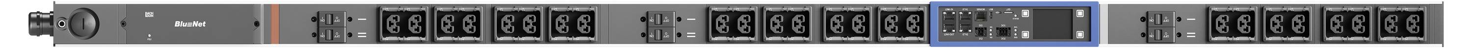 Nahaufnahme eines in ein Regal eingebauten Audio-/Videokontrollpanels mit mehreren Drehknöpfen, Tasten und einem hervorgehobenen Display-Bereich auf der rechten Seite.