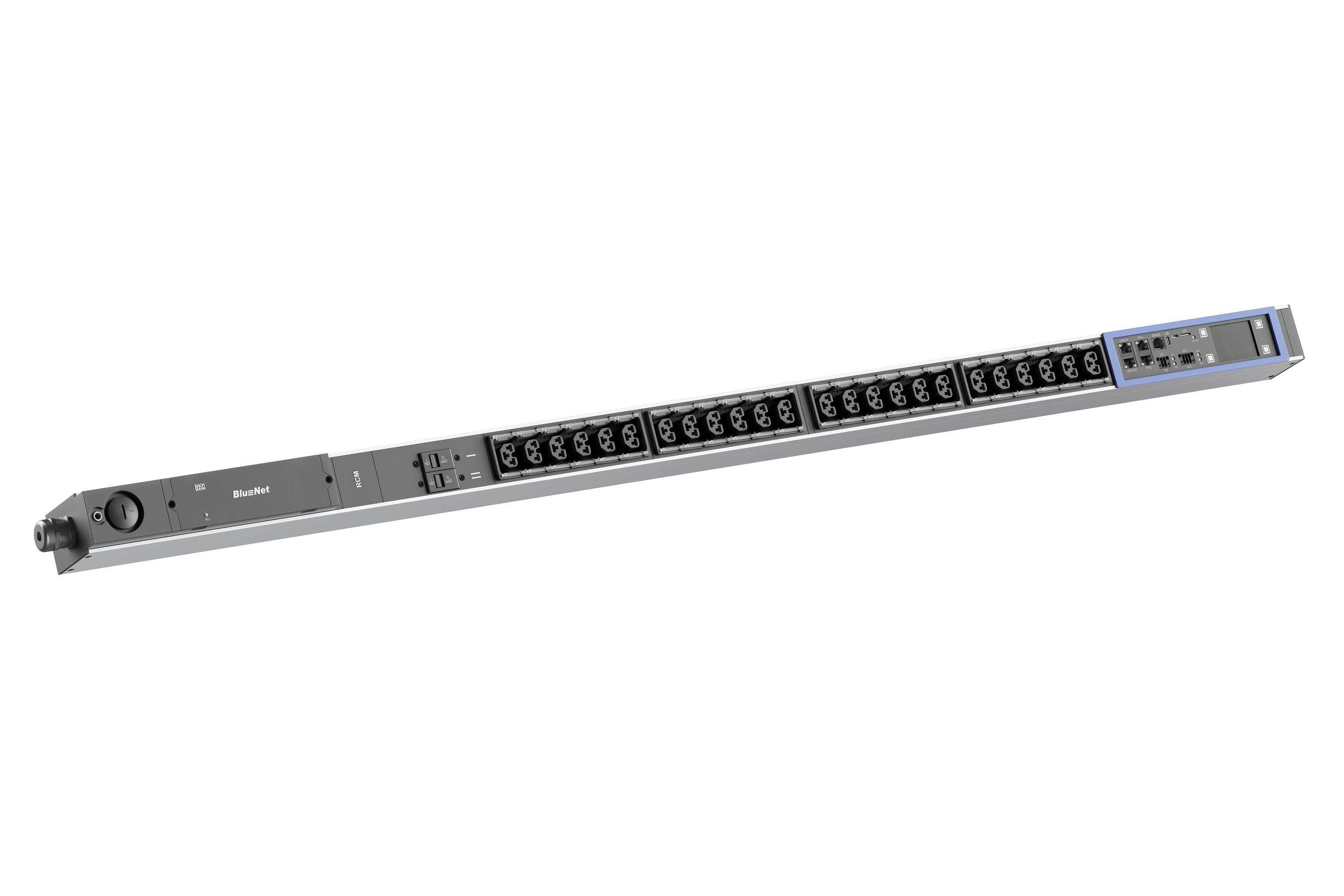 Rack-Montagestromverteilungseinheit mit mehreren AC-Steckdosen und blaubeleuchteter Stromversorgungs-/Bedienblende an einem Ende.