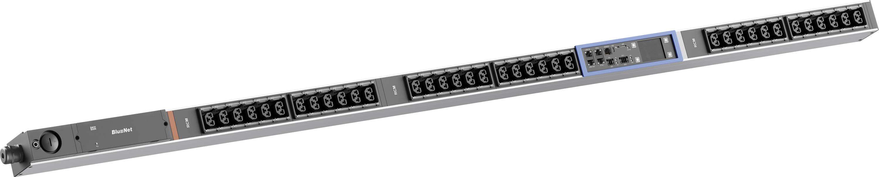 Rack-mounted Netzwerk-Switch mit vielen Ethernet-Anschlüssen und einer blau hervorgehobenen Portgruppe auf der Frontplatte.