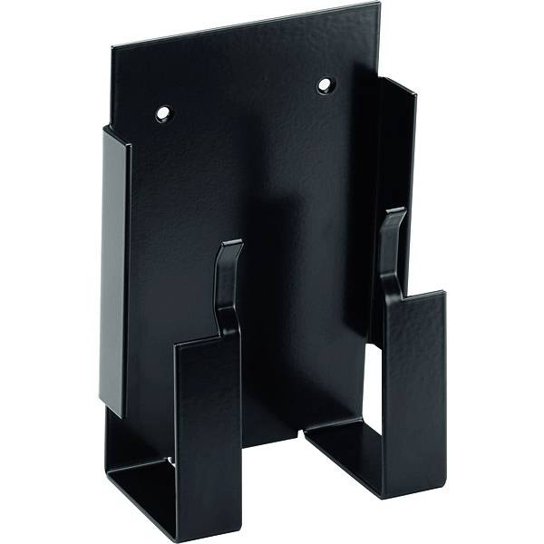 Schwarzer Metall-Wandhalter mit zwei vorderen Zinken und zwei Schrauchlöchern, gezeigt auf weißem Hintergrund.