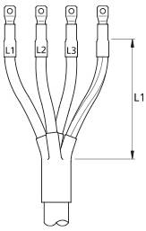 Schaltplan eines vierdrahtigen Kabelstrangs mit Ringklemmen mit den Bezeichnungen L1, L2, L3 und L1, mit gebündelten Leitern und einer gemessenen Länge mit der Bezeichnung L1.