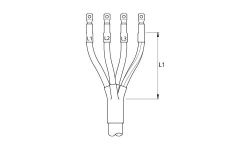 Technisches Schaltschema eines vierdrahtigen Kabelstrangs mit Ringklemmen, das Drahtlängen mit den Bezeichnungen L1, L2 und L3 zeigt sowie eine größere Gesamtabmessung L1 vom Terminal zur Kabelbasis.