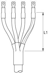 Technisches Diagramm eines vier-adrigen Kabelstranges mit Crimpkontakten, das die zusammengefasste untere Umhüllung und eine vertikale Dimension mit der Bezeichnung L1 zeigt.