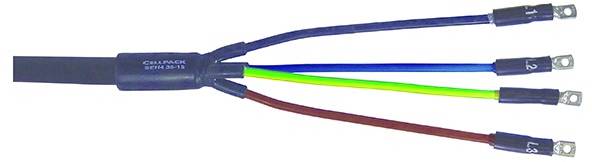 Ein vierfach verdrilltes Elektrokabel mit einem beigen Stecker, das ausgefranste mehrfarbige Leitungen zeigt, die in Anschlussklemmen auf schwarzem Hintergrund enden.