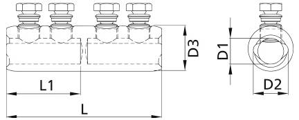 Technische Linienzeichnung einer Armatur mit Seiten- und Endansichten mit Beschriftungen der Abmessungen L, L1, D1, D2 und D3.