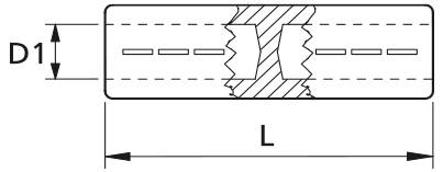 Diagramm eines zylindrischen Stabes mit einem zentralen gezackten Bruch; Abmessungen sind mit D1 für den Durchmesser und L für die Gesamtlänge gekennzeichnet.