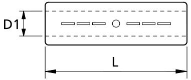 Technisches Diagramm eines rechteckigen Streifens mit den Abmessungen D1 und L, mit einem zentralen kreisförmigen Loch und einer Reihe von rechteckigen Schlitzen entlang der Mitte.