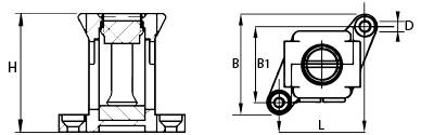 Technische Zeichnung eines mechanischen Bauteils mit Vorder- und Seitenansicht mit Bemaßungsbeschriftungen H, B, B1, D und L.