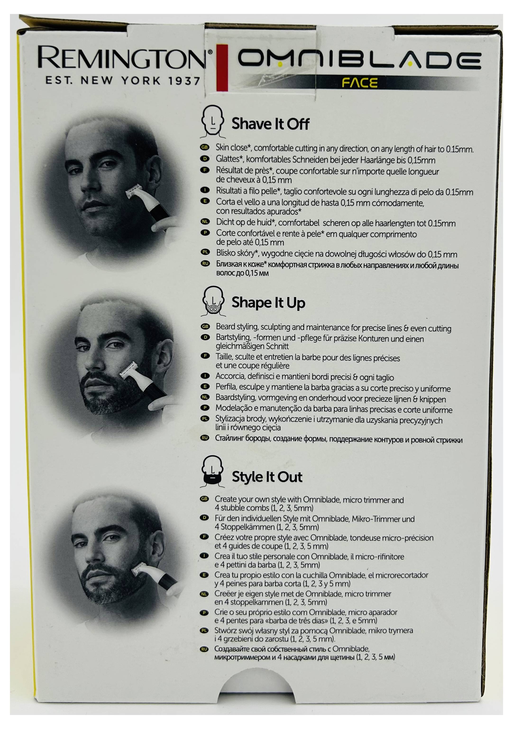 Vorderseite einer Remington OmniBlade Gesichtsrasierer-Packung mit drei Verwendungsmodi: „Shave It Off